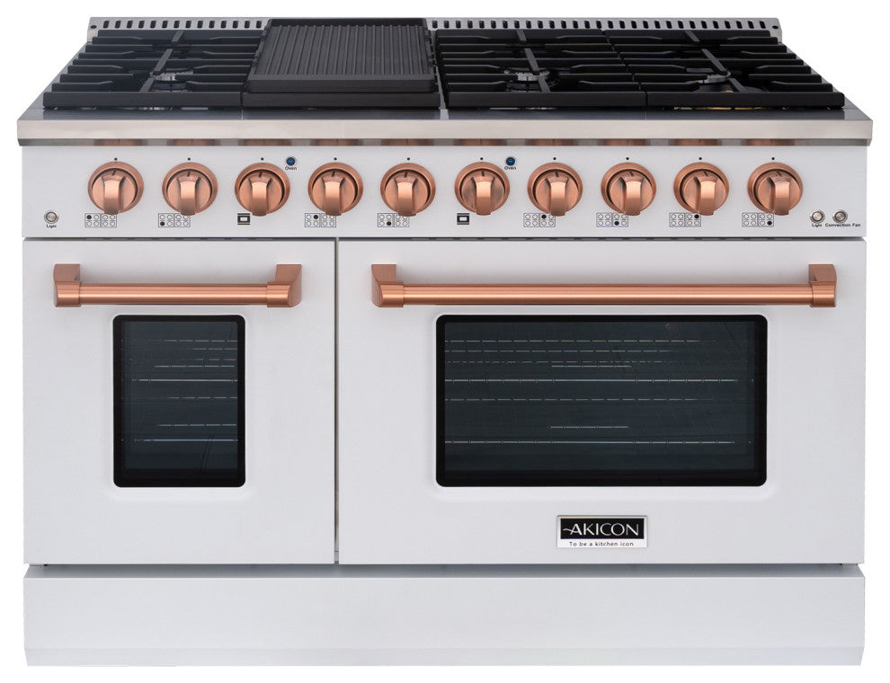 48" Slide-in Freestanding Gas Range & 6.7 Cu. Ft. Oven,8 Burners. White, White & Copper, 48"