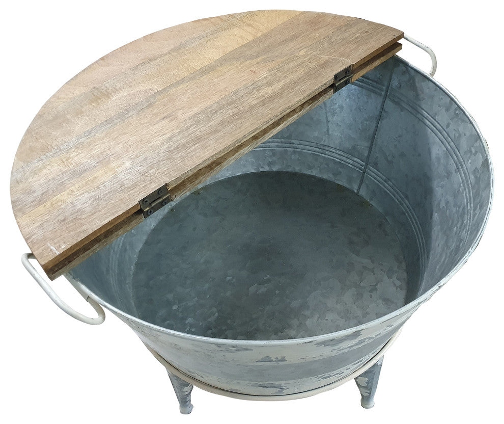 26" Accent Round Cocktail Table Tub Like Iron Base Brown Gray Washed White
