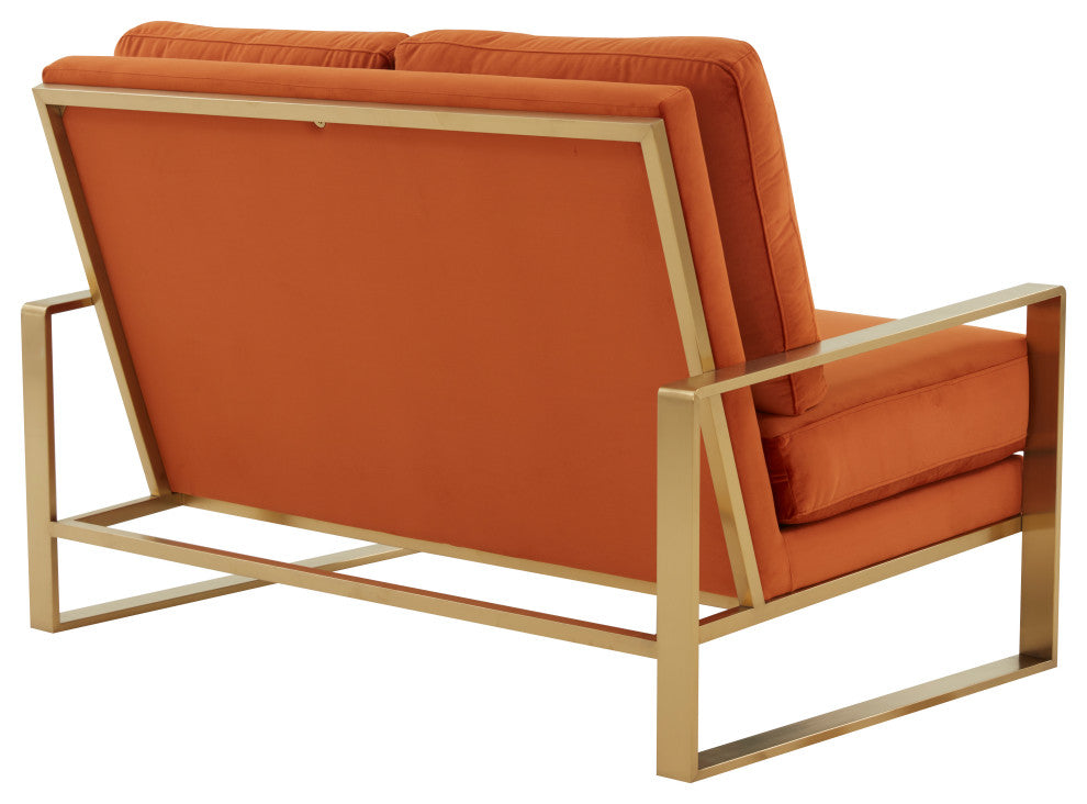 LeisureMod Jefferson Modern Design Velvet Loveseat With Gold Frame, Orange
