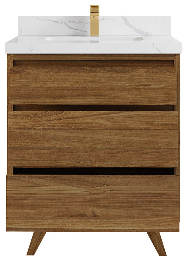 Madison Teak 30 Single Sink Bath Vanity in Dark Natural 2" Calacatta Laza
