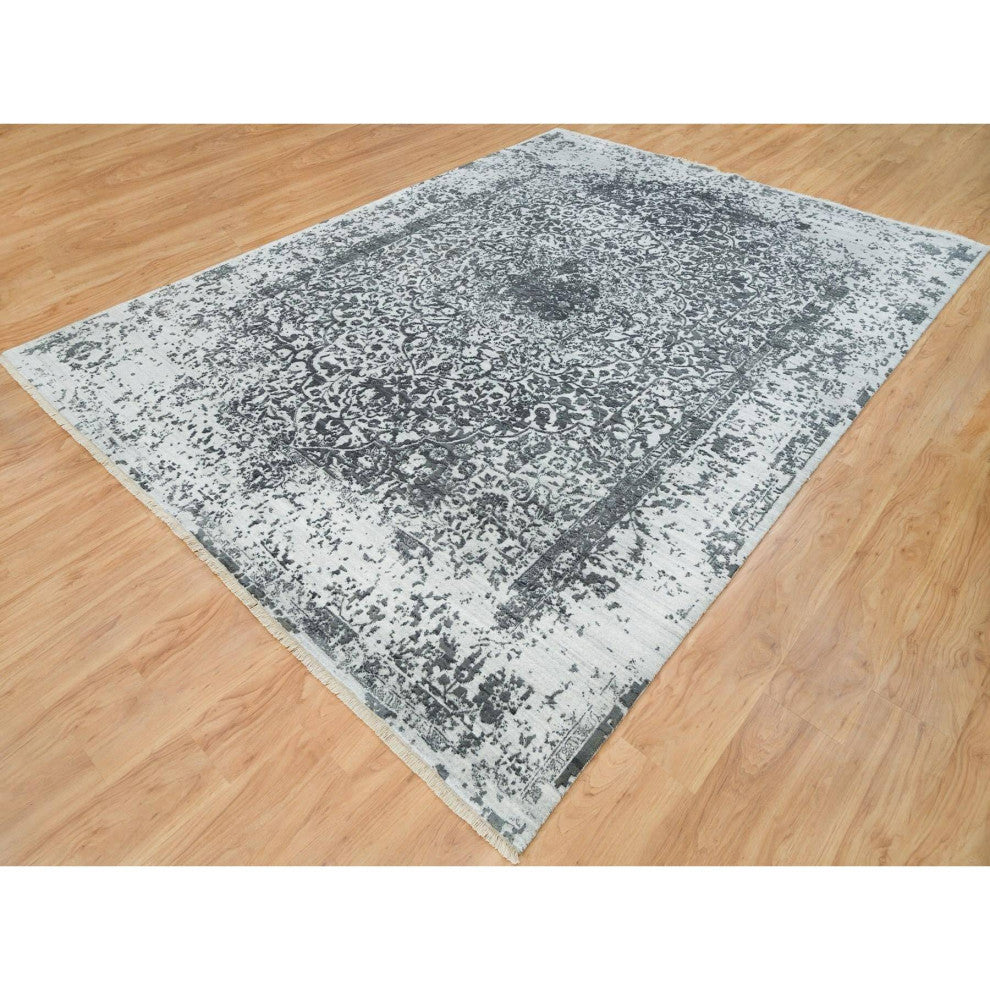 Ice Gray Wool and Silk Broken Design Hand Knotted Oriental Rug, 9'x12'2"