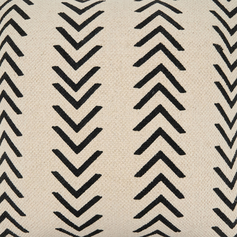 Cotton Pillow With Mudcloth Chevron Design, Natural, 18", Down Filled
