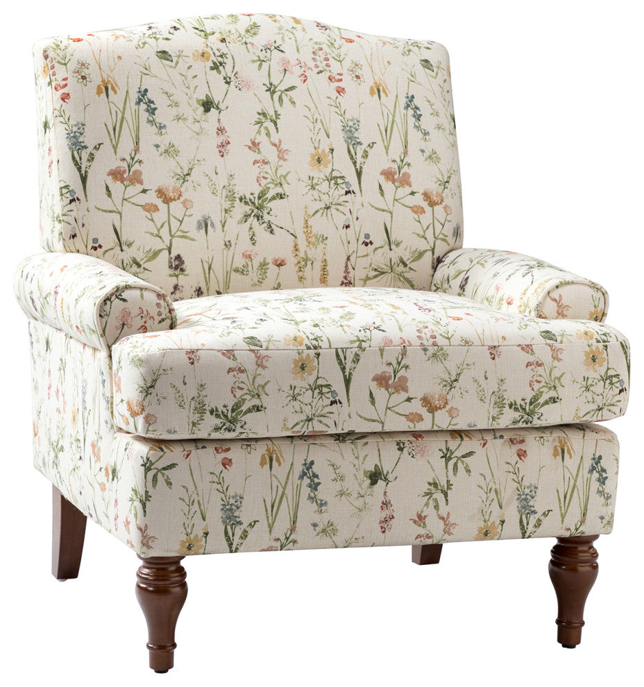 Armchair,Upholstered armchair with floral pattern, mid-century style., Spring