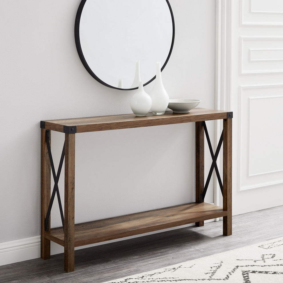 46" Urban Industrial Metal "X" Entry Table, Rustic Oak