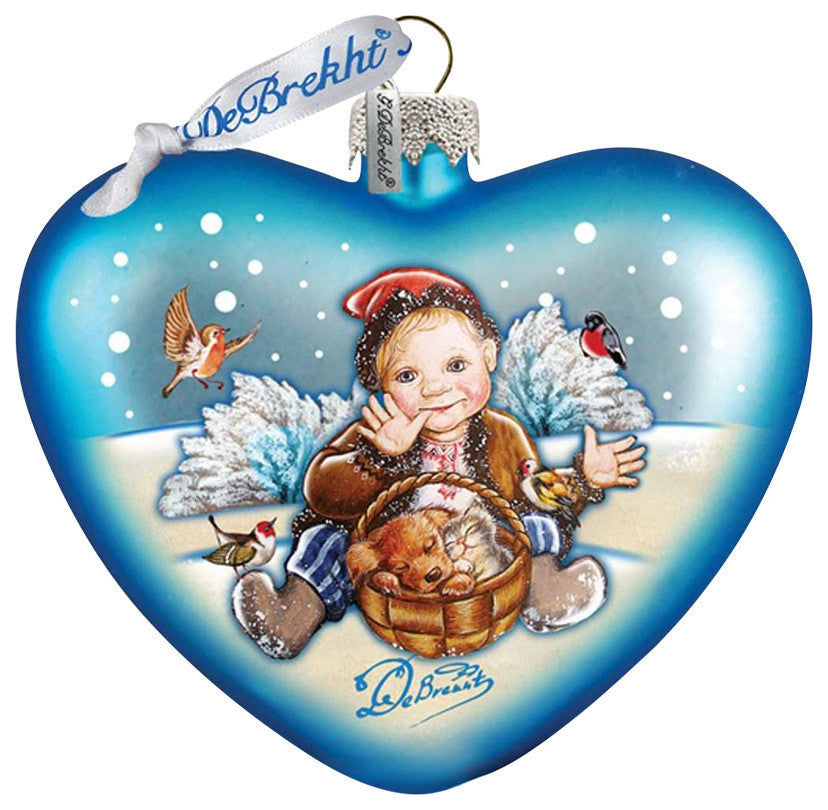 Hand Painted Winter Fun Heart Glass Scenic Ornament