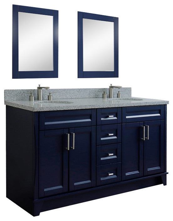 61" Double Sink Vanity, Blue Finish And Gray Granite And Oval Sink