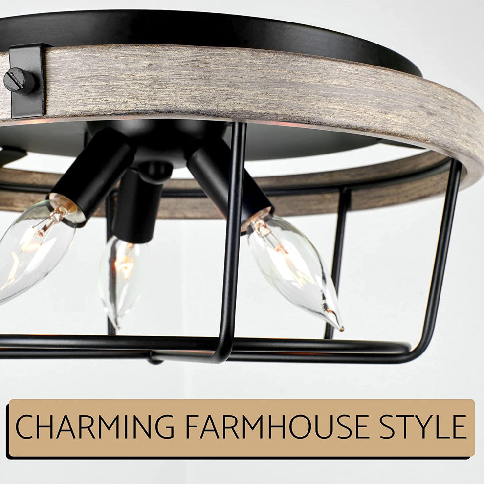3 Light Cage Semi Flush Ceiling Lights, Vintage Wood, Ceiling Lamp Fixture