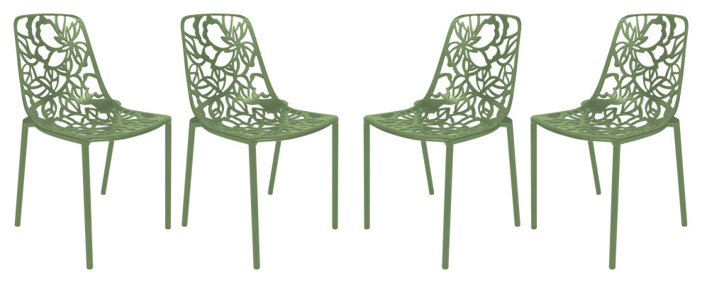 LeisureMod Devon Modern Outdoor Stackable Aluminum Dining Chair, Set of 4, Khaki Green