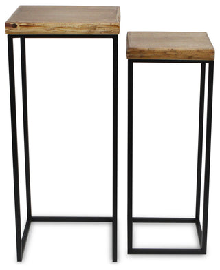 2-Piece Square Wood Top Side Tables With Metal Base
