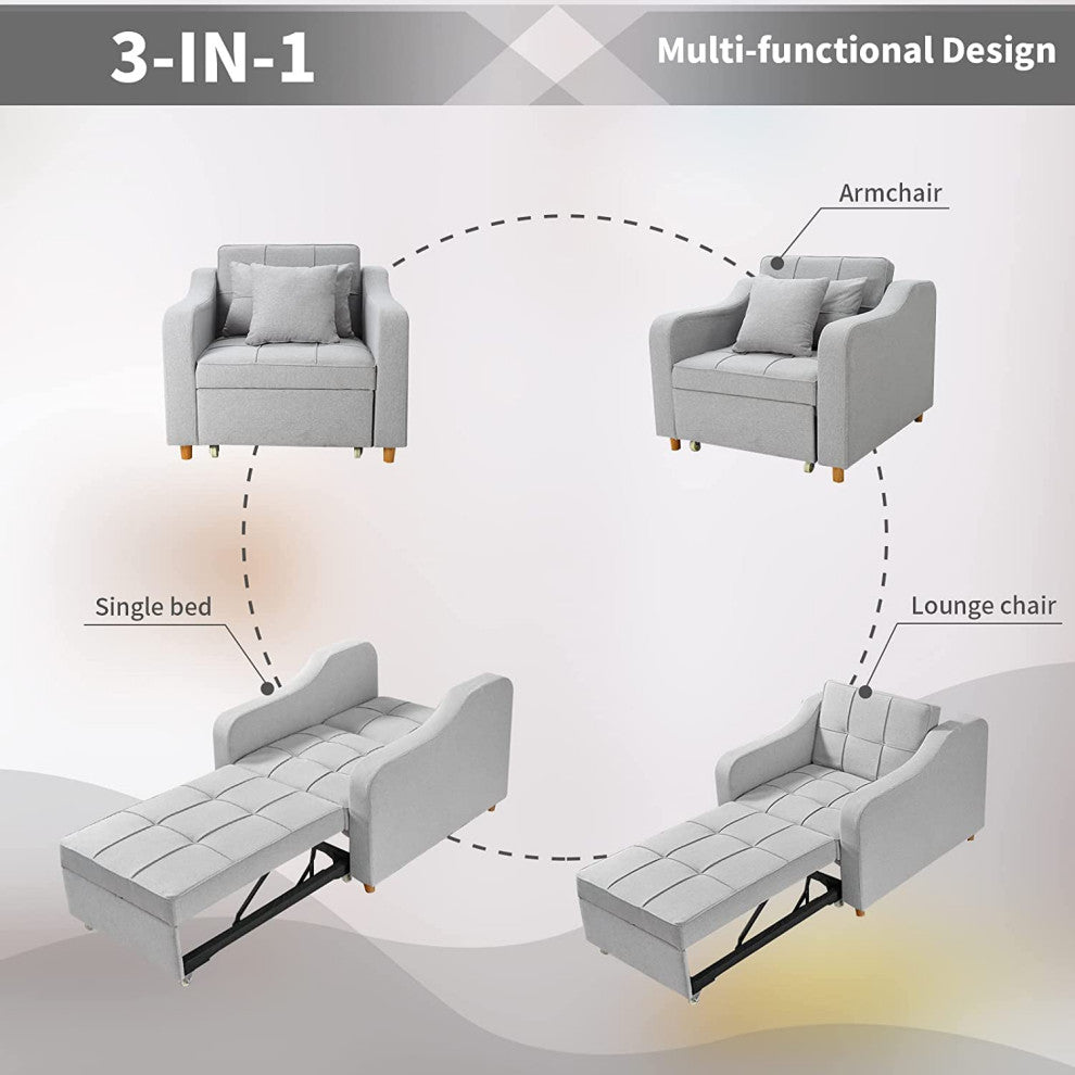 Homrest Sleeper Sofa Bed 3-in-1 Convertible Chair, Light Gray