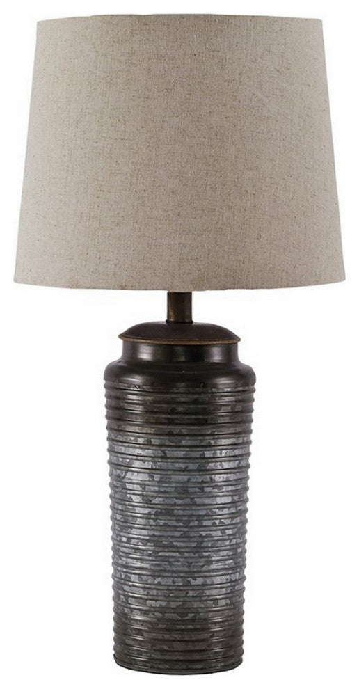 Ribbed Design Metal Body Table Lamp with Tapered Fabric Shade,Set of 2,Gray