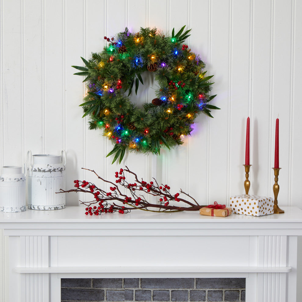 24ï¿½ Mixed Pine Christmas Wreath / 50 Multicolored LED Lights Berries and Pine