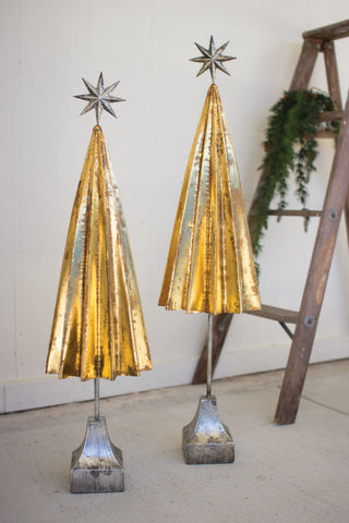 Set of Two Folded Gold Metal Trees with Silver Star