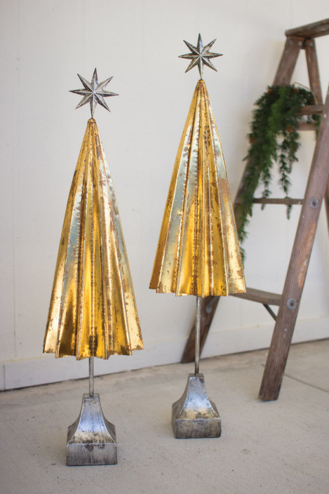 Set of Two Folded Gold Metal Trees with Silver Star