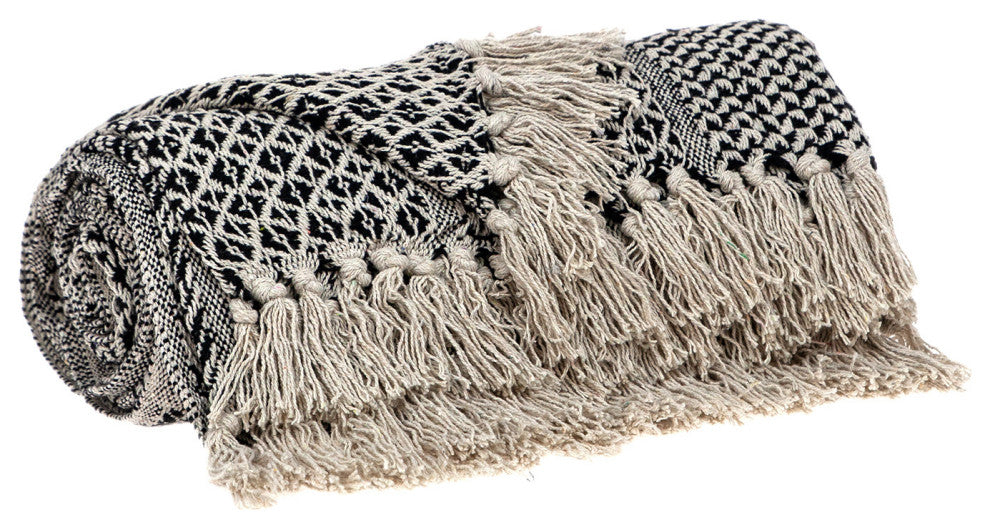Beige and Black Multi Pattern Woven Handloom Throw Blanket