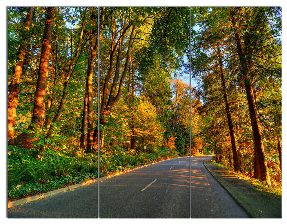 Road Through Yellow Forest, Landscape Triptych Canvas Art Print, 36x28, 3 Panels
