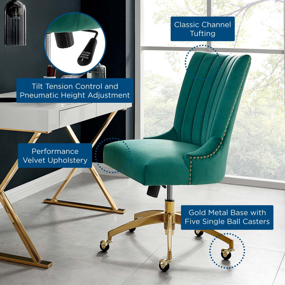 Computer Work Desk Tufted Chair, Velvet, Gold Teal Blue, Home Business Office
