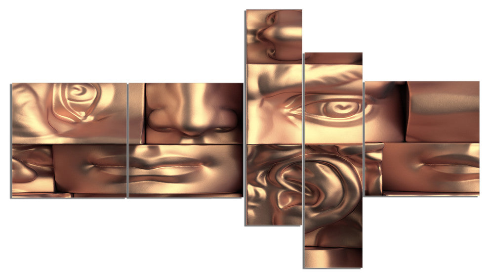 Abstract Golden Blocks, Abstract Canvas Art Print, 60"x32", 5 panels