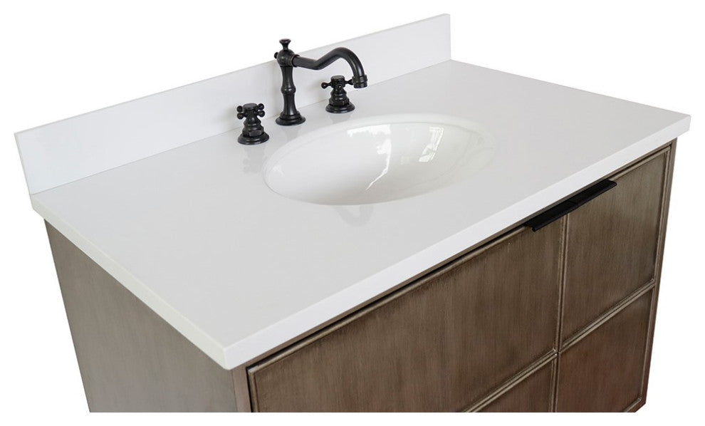 37" Single Vanity, Linen Brown Finish With Engineered Stone Top And Oval Sink