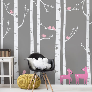 Birch Tree with Bird and Deer Wall Decals, Scheme C, Large