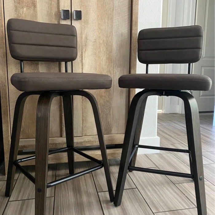 Swivel Bar Stool Leather Bar Stool, Wood Legs, Counter Height, Pu, Set of 2, Brown, 26"