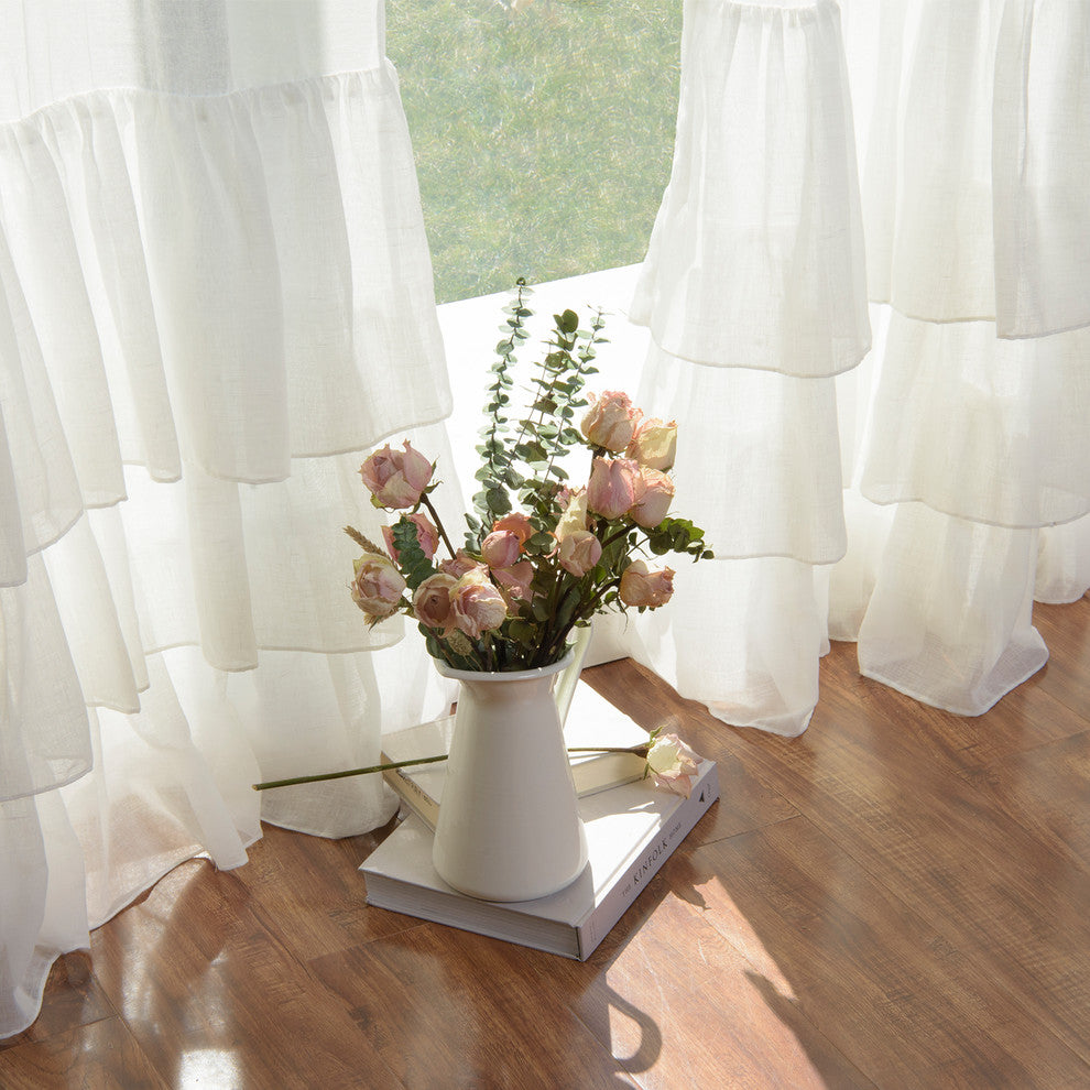 Faux Linen Ruffle Curtains, White, 52"x84", Set of 2