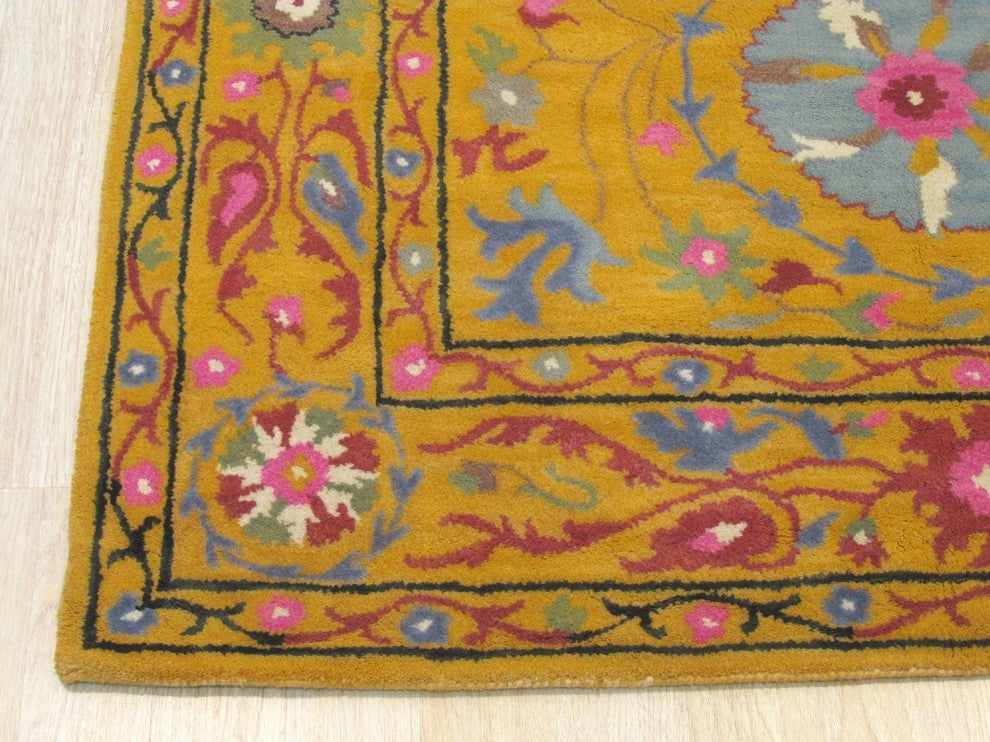 EORC Hand-tufted Wool Yellow Traditional Floral Suzani Rug, Rectangular 5'x8'