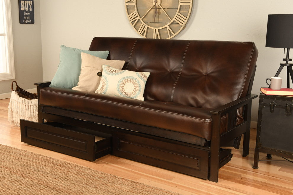 Caleb Frame Futon With Espresso Finish, Storage Drawers, Oregon Trail Java