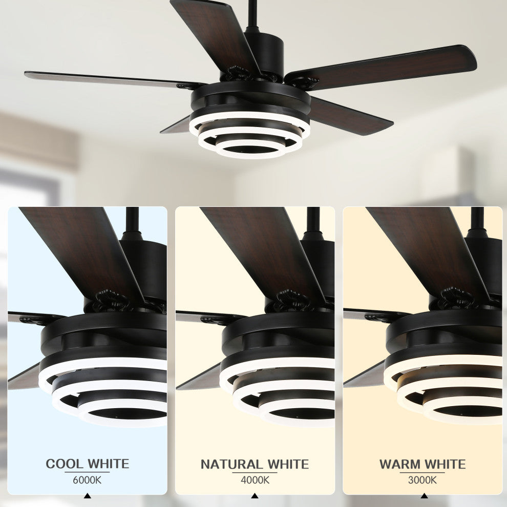 52" Modern Ceiling Fan with Dimmable Light and Remote Control, 6-Speed, Black, 52