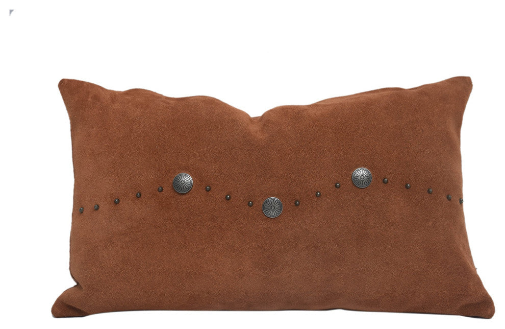 Western Suede Antique Silver Concho & Studded Lumbar Pillow, 12" x 20", Tobacco