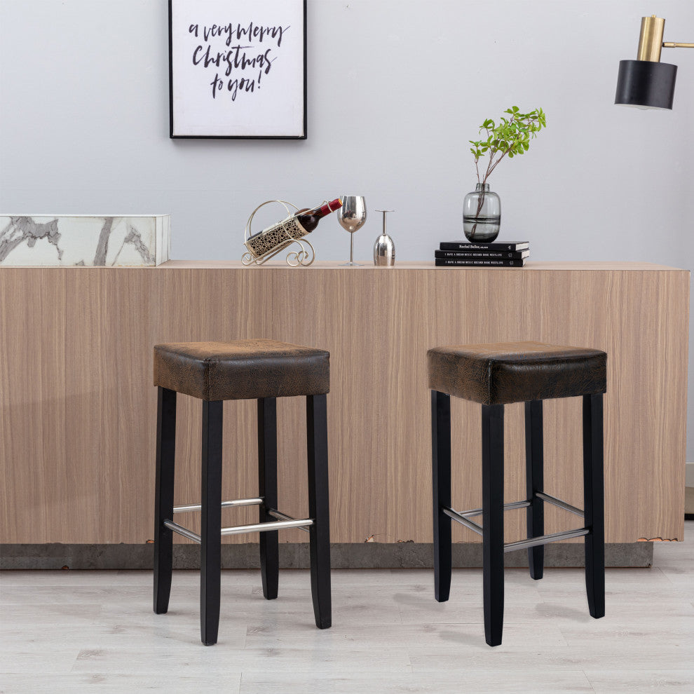 Barstool, Brown Fabric and Black Wood Finish,2-Pcs Set