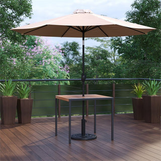 3 Piece Patio Table Set -35" Square Teak Table w/Umbrella Hole & Base, Tan