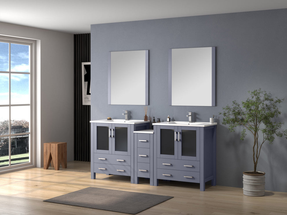 Lexora Volez 72" Vanity Cabinet, Dark Gray, Top, Mirror, 4 Doors 7 Drawers