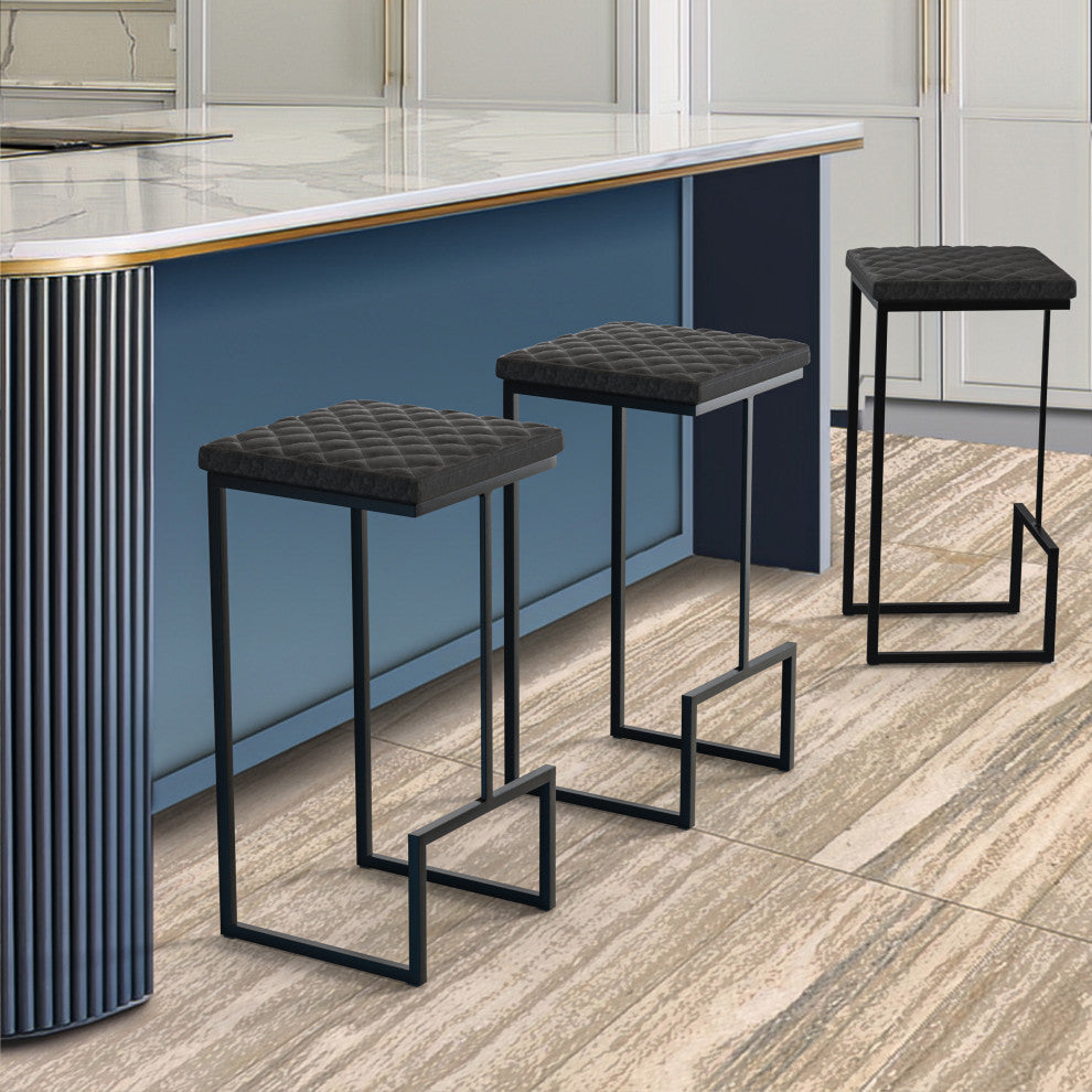 Quincy Leather Barstool Square Seats and Metal Frame Set of 2, Charcoal Black