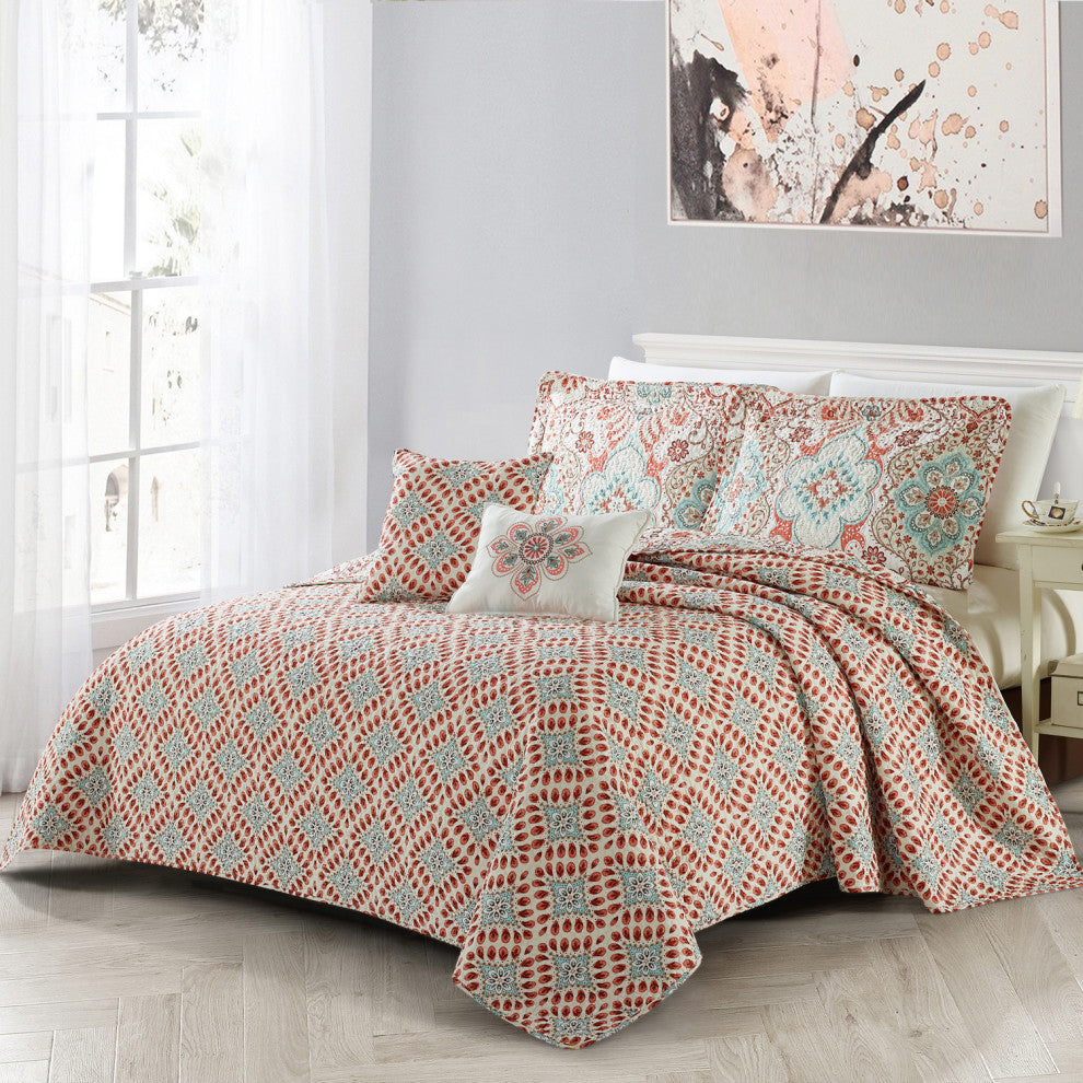 Bennington Damask 5 Piece Quilted Set, Coral, Queen (90"x90")