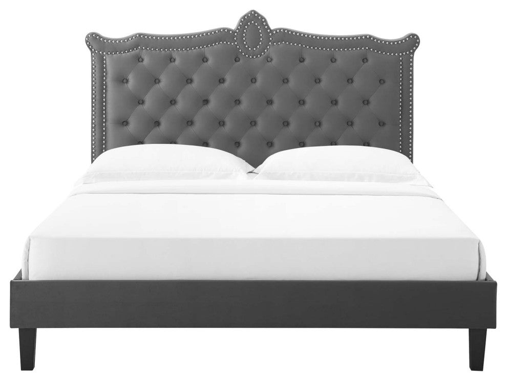 Platform Bed Frame, Nailhead, Queen Size, Charcoal Gray, Velvet, Modern