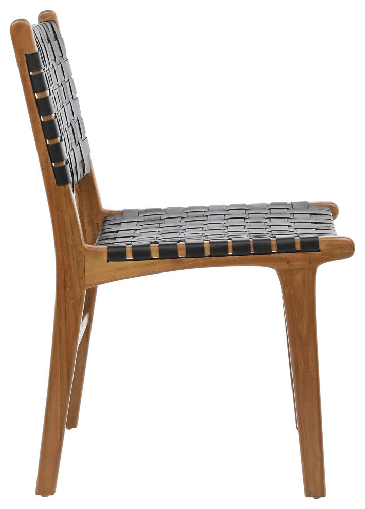 Maverick Top Grain Leather Dining Side Chair, Black Leather With Light Frame