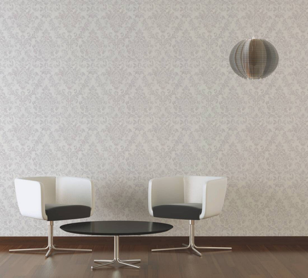 Damask Textured Wallpaper, Ornaments, 374133, White Gray Silver Pink, 1 Roll