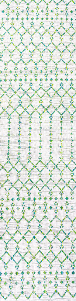 Ourika Moroccan Geometric Indoor/Outdoor Rug, Green/Ivory, 2x8