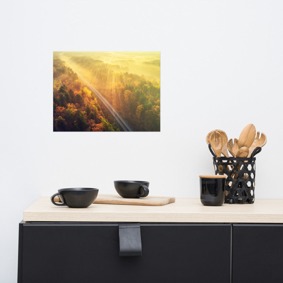 Sunrise Railroad Though Misty Forest Landscape Photo Loose Wall Art Prints, 12" X 16"