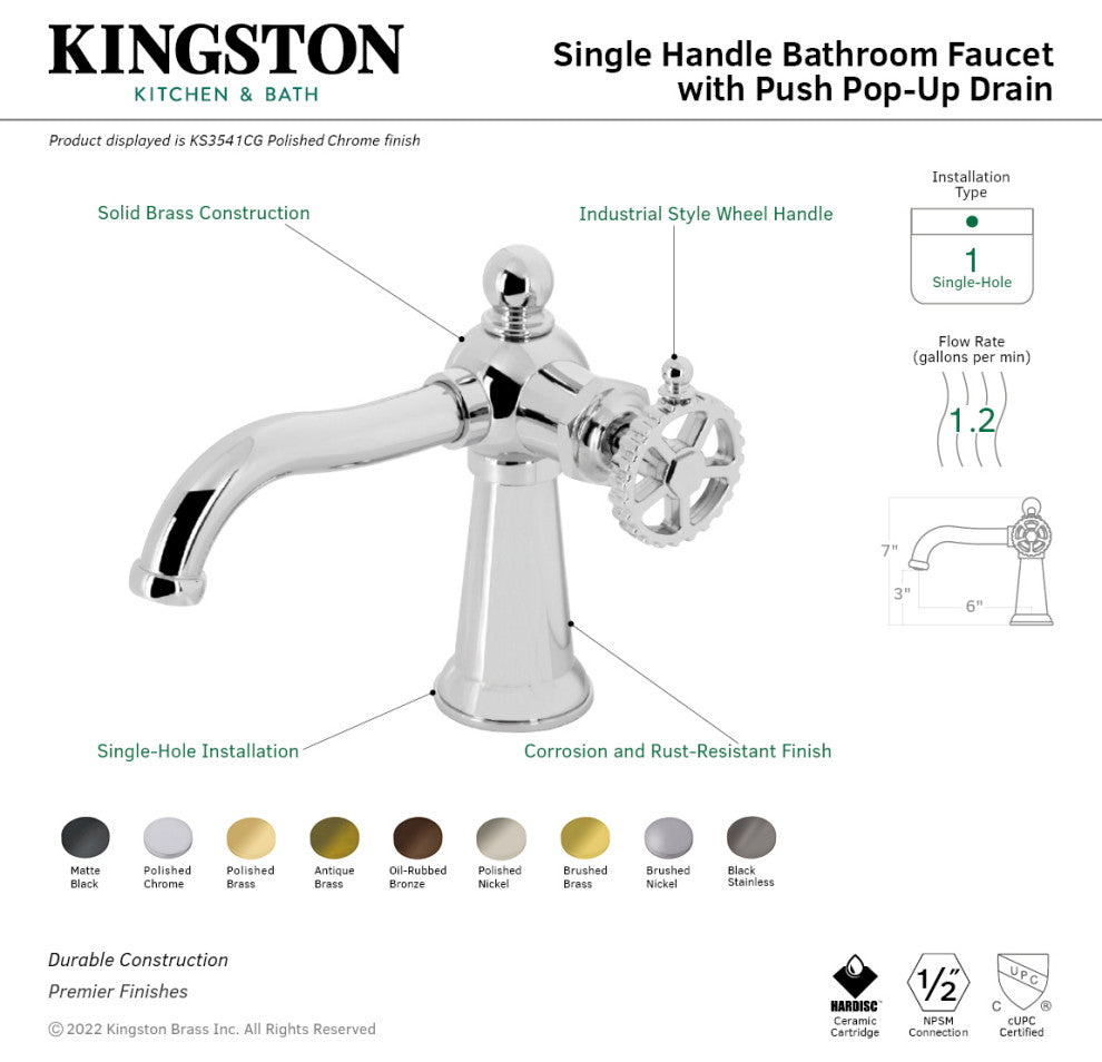 Kingston Brass KS3540CG Single-Handle Bathroom Faucet, Push Pop-Up