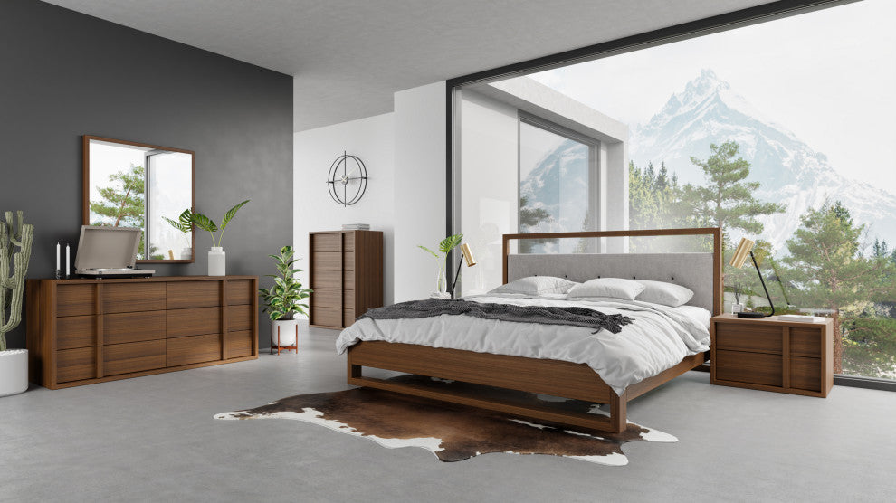 Nova Domus Falcor Modern Gray Fabric and Walnut Veneer Bed, Queen