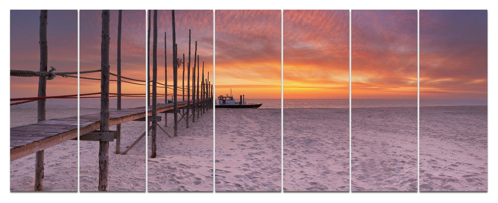 Texel Island Seaside Jetty Panorama, Seashore Canvas Wall Art, 83"x32", 7 Panels