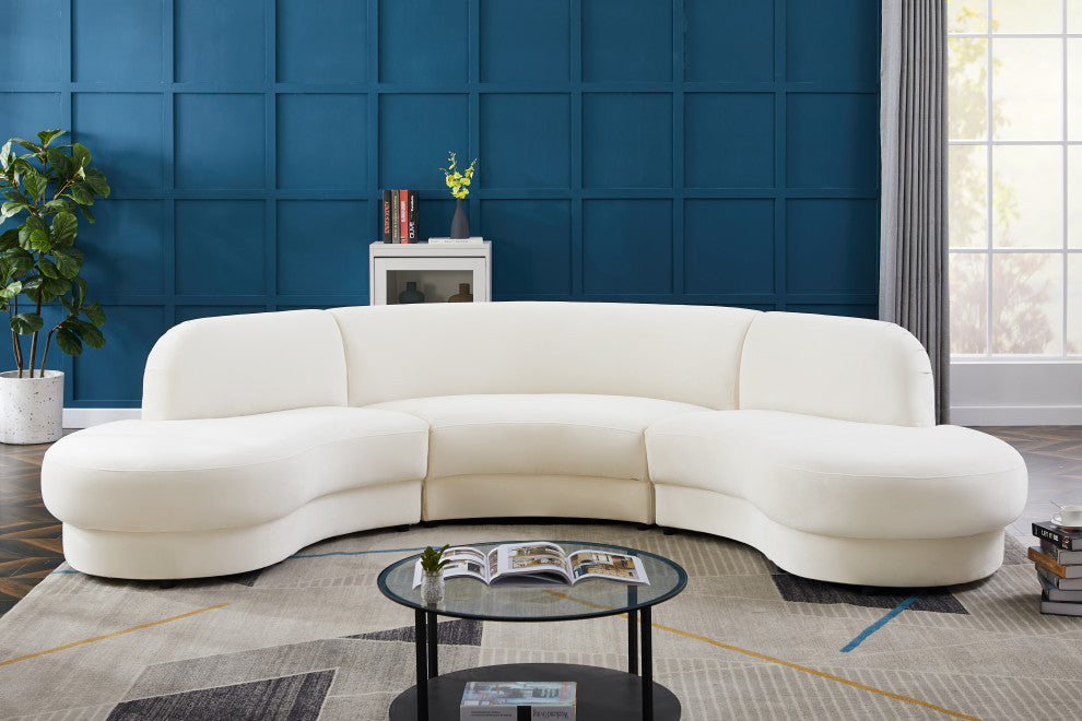 Rosa Velvet Upholstered 3-Piece Sectional, Cream