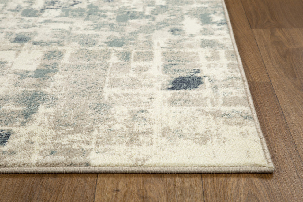 3"x5" Beige Blue Abstract Tiles Distressed Area Rug