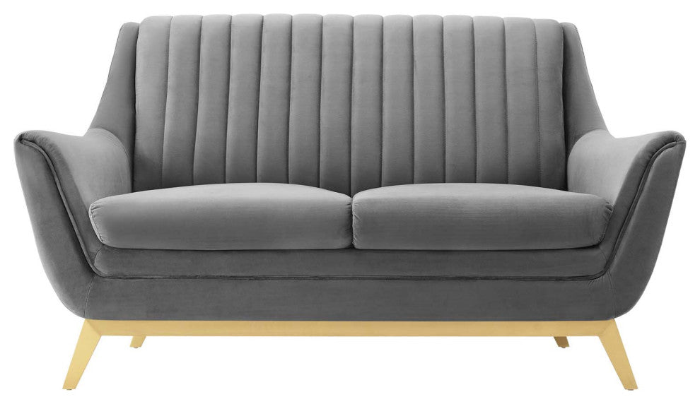 Tufted Loveseat Sofa, Velvet, Gray, Modern, Living Lounge Hotel Hospitality
