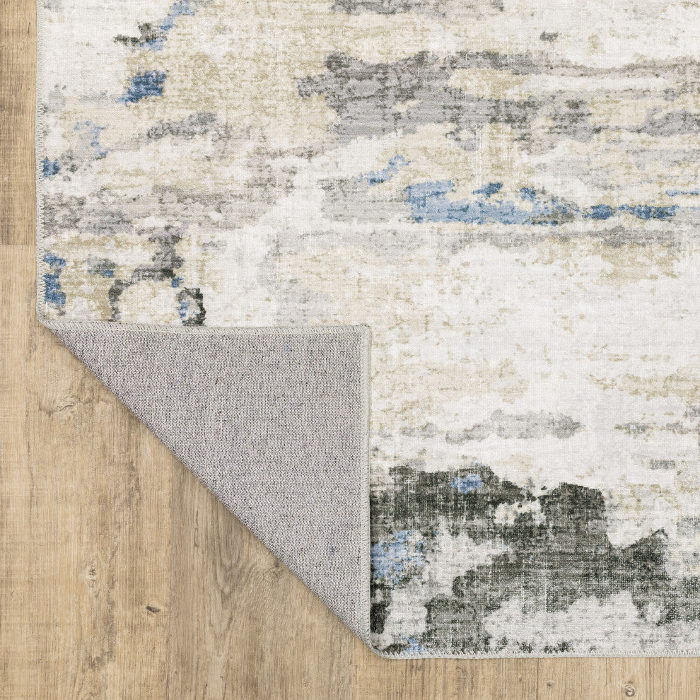 Michaela Machine Washable Distressed Grey/ Blue Area Rug, Ivory, 2'x8'