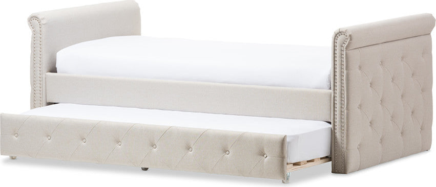 Swamson Beige Fabric Tufted Twin Size Daybed With Roll-out Trundle Guest Bed