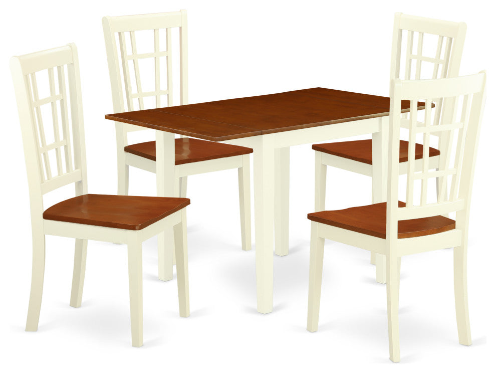 5Pc Dinette Set, Rectangle Table, 4 Chairs, Hard Wood Seat, Buttermilk, Cherry