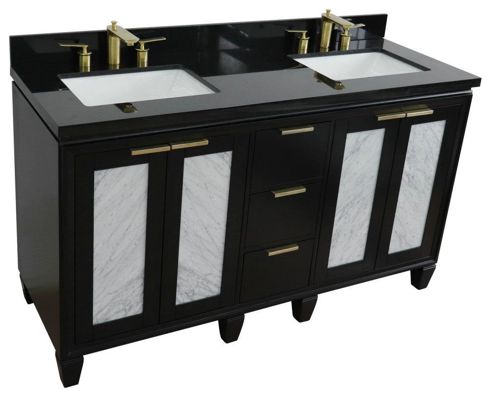 61" Double Sink Vanity, Black Finish With Black Galaxy Granite